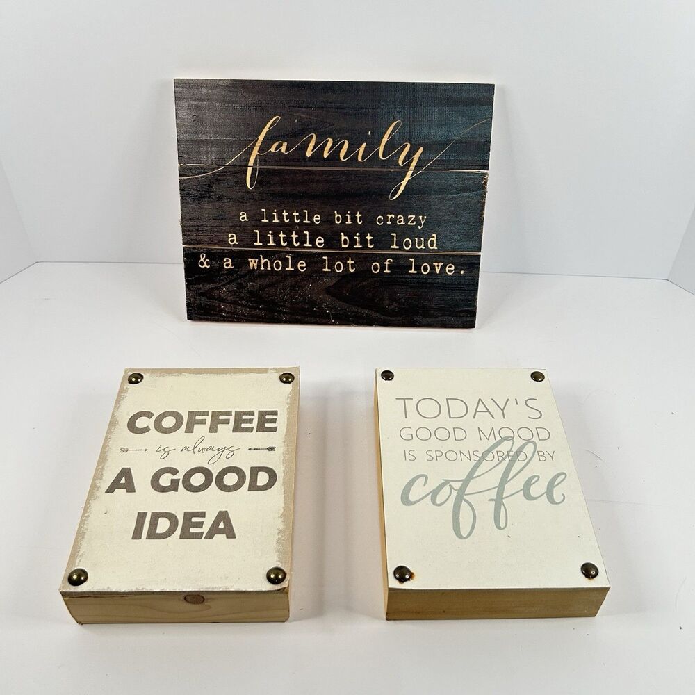 Lot of 3 Rustic Kitchen Coffee Block Signs & Family Shiplap Wall Plaque